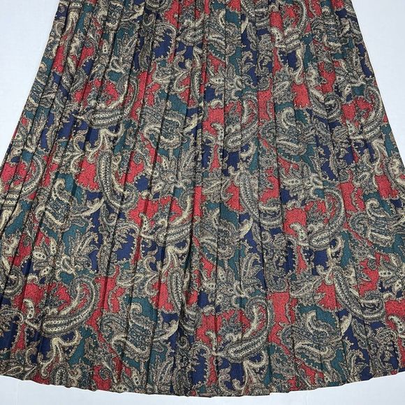 Vintage Jeffrey and Dara Midi Pleated Paisley Skirt Size 9/10 Green Red Pull On - Picture 4 of 8